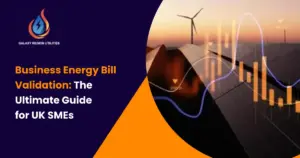 Accountant checks UK business energy bills for errors with Galaxy Region Utilities branding