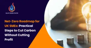 Illustration of UK small-business factory switching from fossil fuel to renewable energy, branded Galaxy Region Utilities