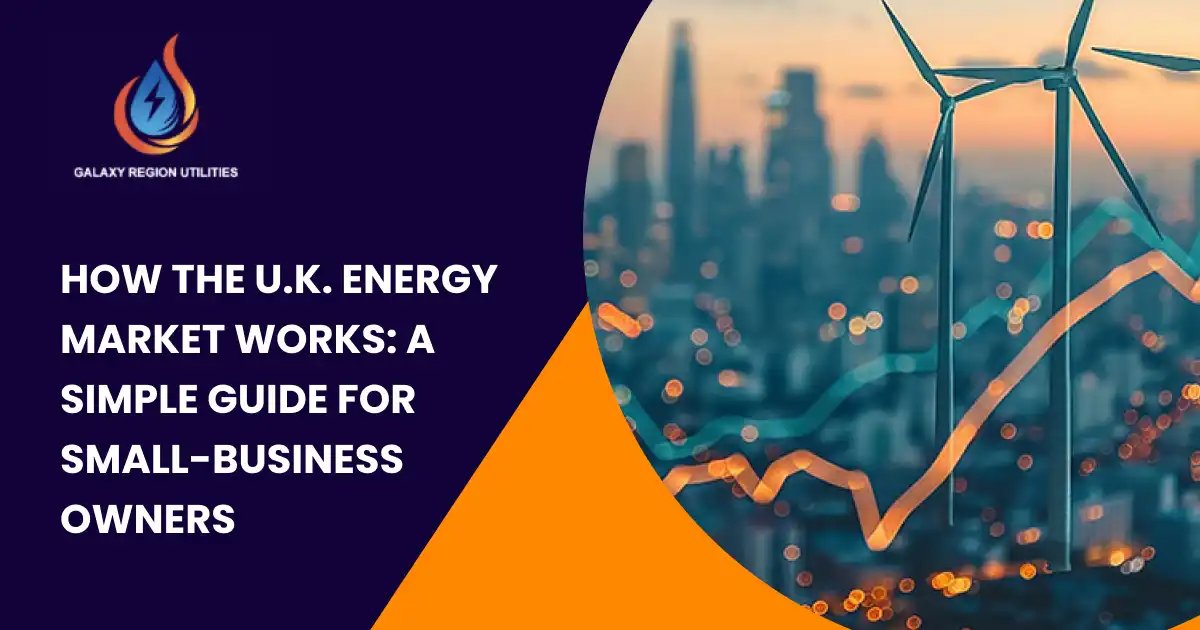Infographic showing the flow of electricity from UK power stations to businesses, branded Galaxy Region Utilities