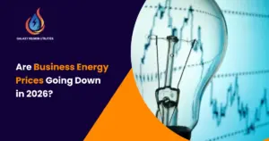 Infographic showing the 2026 forecast for UK business electricity and gas rates, highlighting the shift in non-commodity costs.